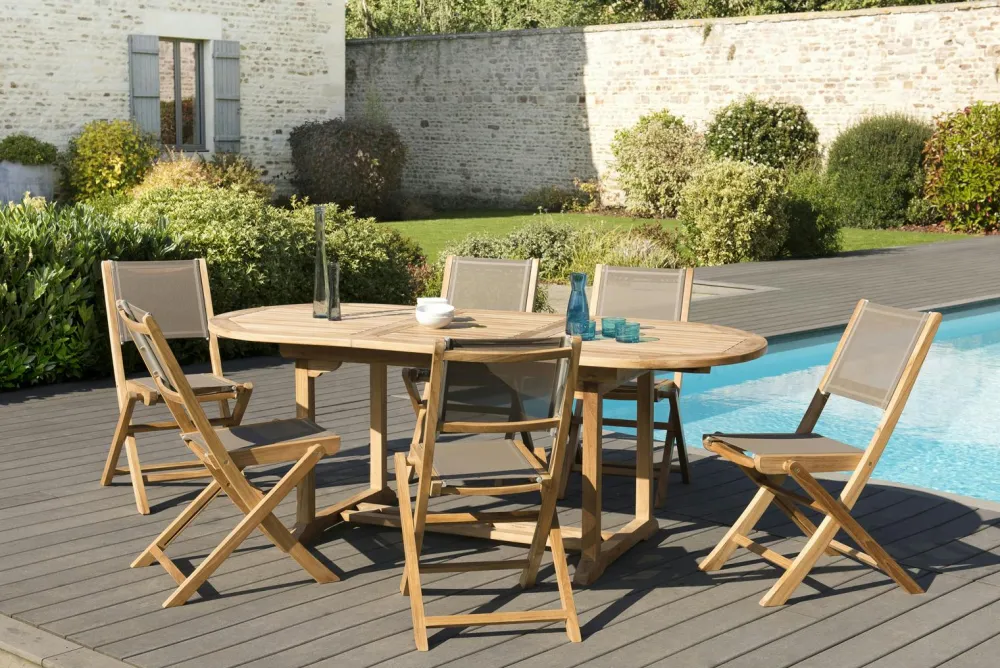 Salons De Jardin·Ensemble Repas|SUMMER Salon de Jardin Table Teck 150/200cm + 6 Chaises pliantes