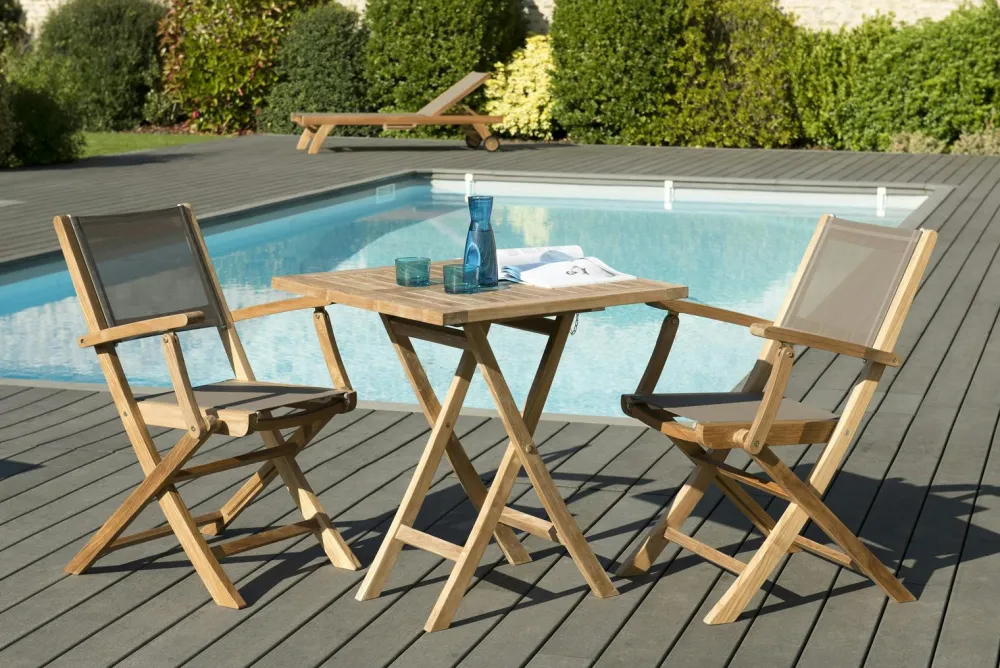 Salons De Jardin·Ensemble Repas|SUMMER Salon de Jardin Table Teck 70x70cm + 2 Fauteuils pliants ref. 30020810