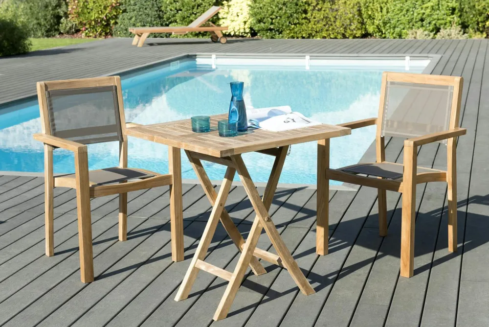 Salons De Jardin·Ensemble Repas|SUMMER Salon de Jardin Table Teck 70x70cm + 2 Fauteuils empilables ref. 30020809
