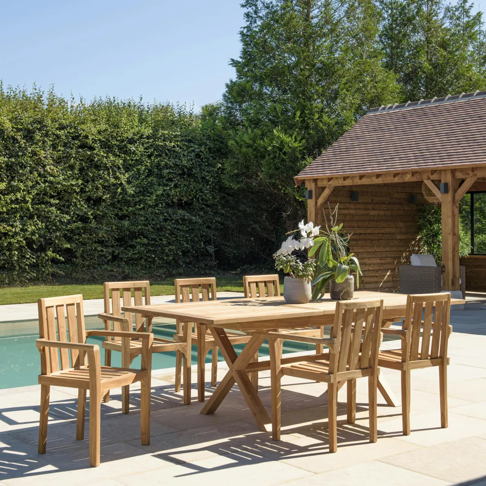Salons De Jardin·Ensemble Repas|SUMMER Salon de jardin teck brut table pieds en croix 180/240 + 6 fauteuils