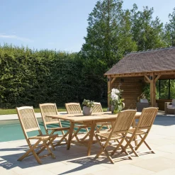 Salons De Jardin·Ensemble Repas|SUMMER Salon de jardin teck brut table pieds tréteaux 180/240 + 6 chaises bord arrondi