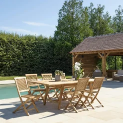 Salons De Jardin·Ensemble Repas|SUMMER Salon de jardin teck brut table pieds tréteaux 180/240 + 6 chaises bord droit