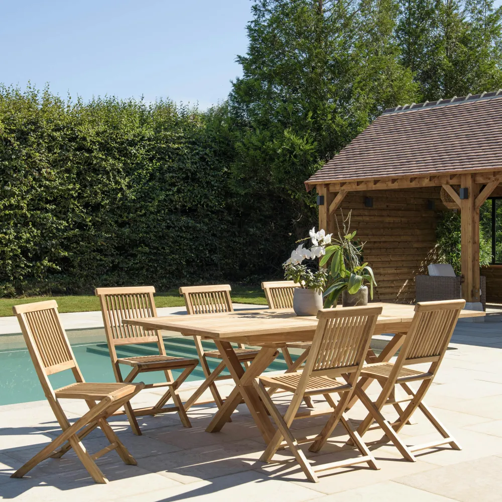 Salons De Jardin·Ensemble Repas|SUMMER Salon de jardin teck brut table pieds en croix 180/240 + 6 chaises bord droit