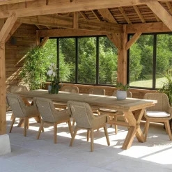 Salons De Jardin·Ensemble Repas|MANY Salon de jardin teck naturel 1 table pieds en croix 320 cm + 8 fauteuils résine tressée