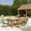 Salons De Jardin·Ensemble Repas|MANY Salon de jardin teck naturel 1 table pieds droits 220 cm + 6 chaises arrondies résine tressée