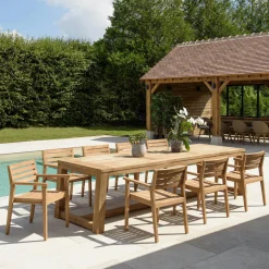 Salons De Jardin·Ensemble Repas|MANY Salon de jardin teck naturel 1 table pieds en croix 320 cm + 8 fauteuils bois