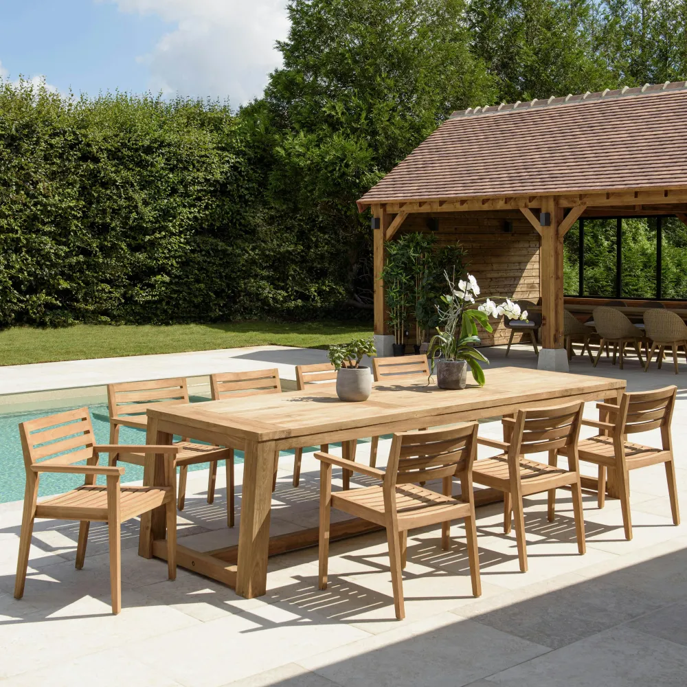 Salons De Jardin·Ensemble Repas|MANY Salon de jardin teck naturel 1 table pieds inclinés 300 cm + 8 fauteuils bois
