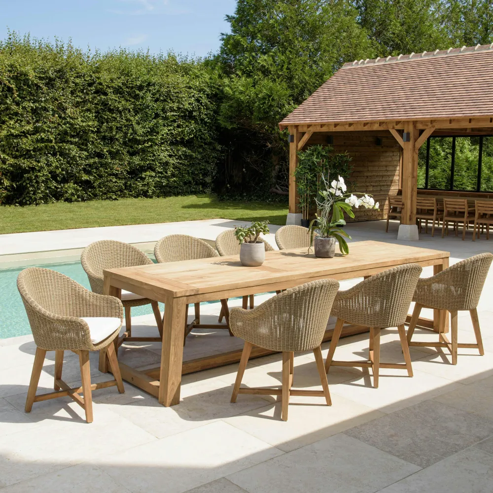 Salons De Jardin·Ensemble Repas|MANY Salon de jardin teck naturel 1 table pieds inclinés 300 cm + 8 fauteuils bois