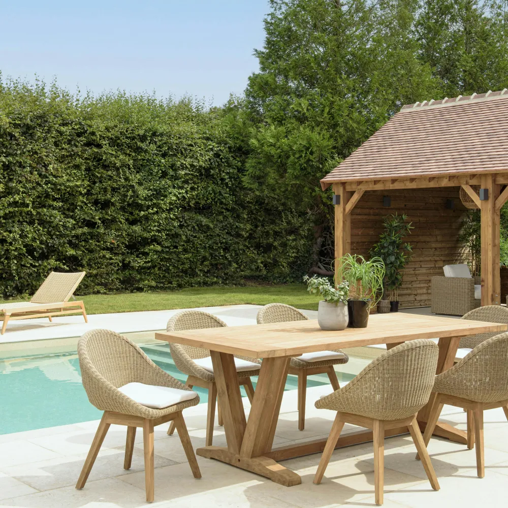 Salons De Jardin·Ensemble Repas|MANY Salon de jardin teck naturel 1 table pieds inclinés 300 cm + 8 fauteuils bois