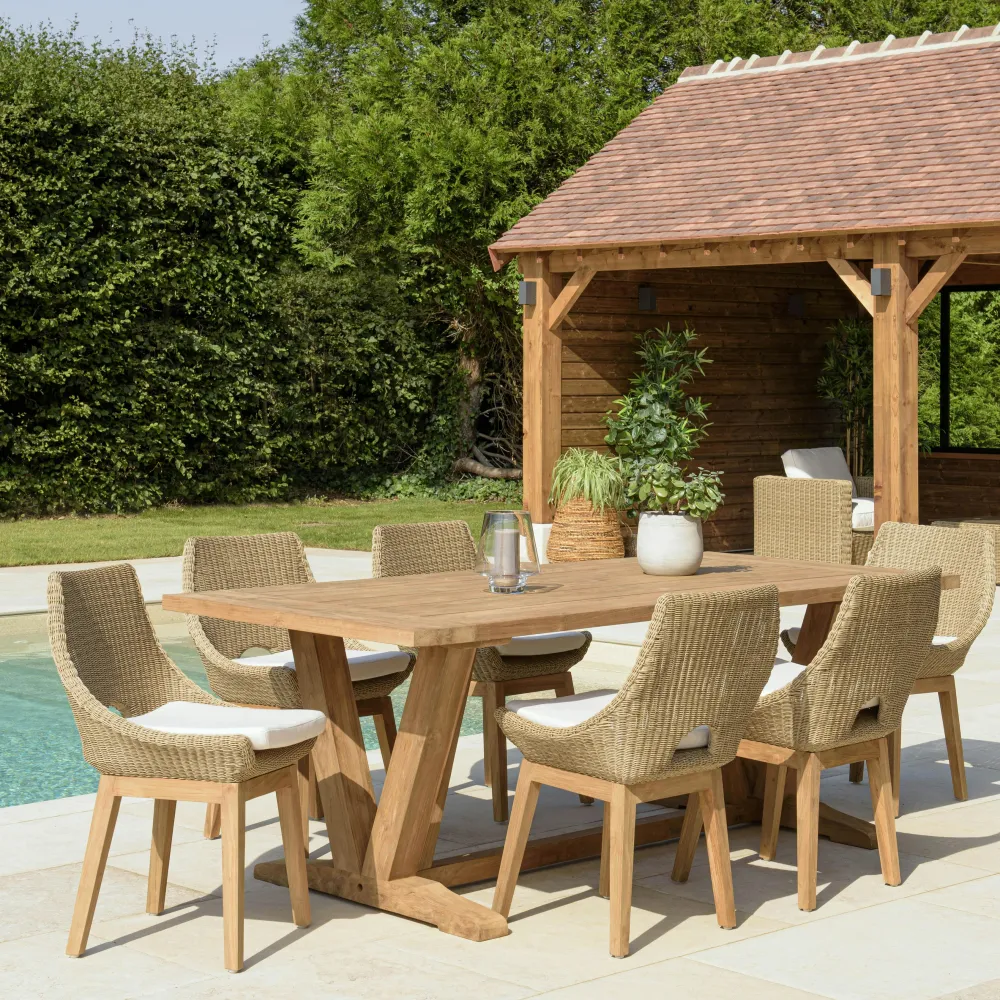 Salons De Jardin·Ensemble Repas|MANY Salon de jardin teck naturel 1 table pieds inclinés 300 cm + 8 fauteuils bois