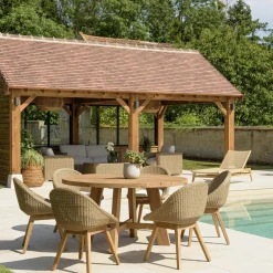 Salons De Jardin·Ensemble Repas|MANY Salon de jardin teck naturel 1 table pieds inclinés 300 cm + 8 fauteuils bois