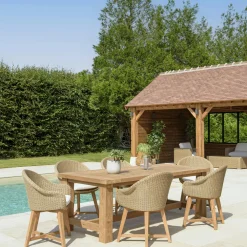 Salons De Jardin·Ensemble Repas|MANY Salon de jardin teck naturel 1 table pieds inclinés 300 cm + 8 fauteuils bois