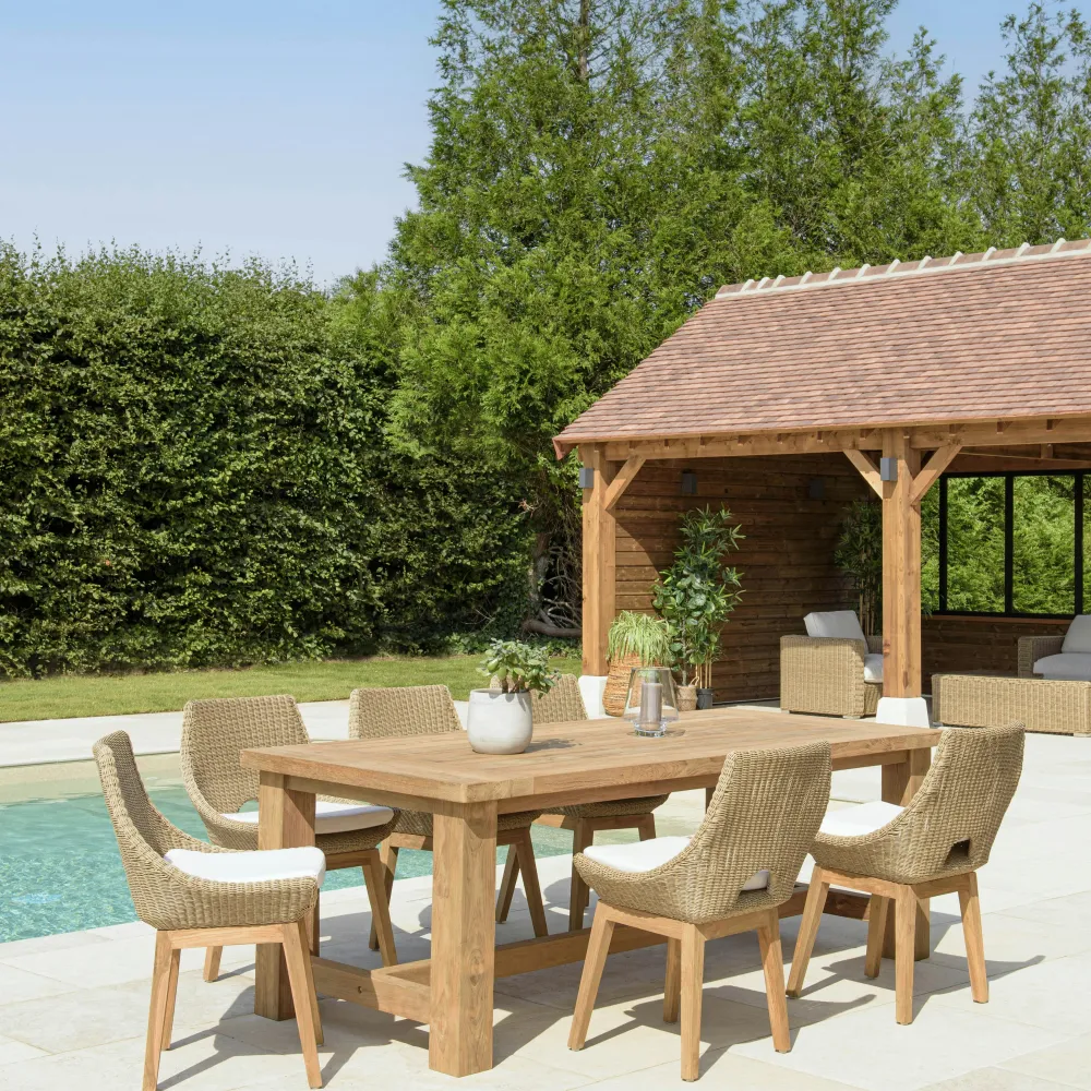 Salons De Jardin·Ensemble Repas|MANY Salon de jardin teck naturel 1 table pieds inclinés 300 cm + 8 fauteuils bois