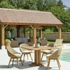 Salons De Jardin·Ensemble Repas|MANY Salon de jardin teck naturel 1 table pieds inclinés 300 cm + 8 fauteuils bois