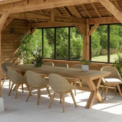 Salons De Jardin·Ensemble Repas|MANY Salon de jardin teck naturel 1 table pieds inclinés 300 cm + 8 fauteuils bois