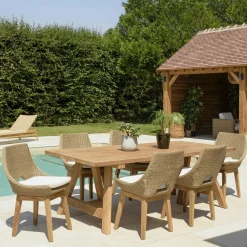 Salons De Jardin·Ensemble Repas|MANY Salon de jardin teck naturel 1 table pieds inclinés 300 cm + 8 fauteuils bois