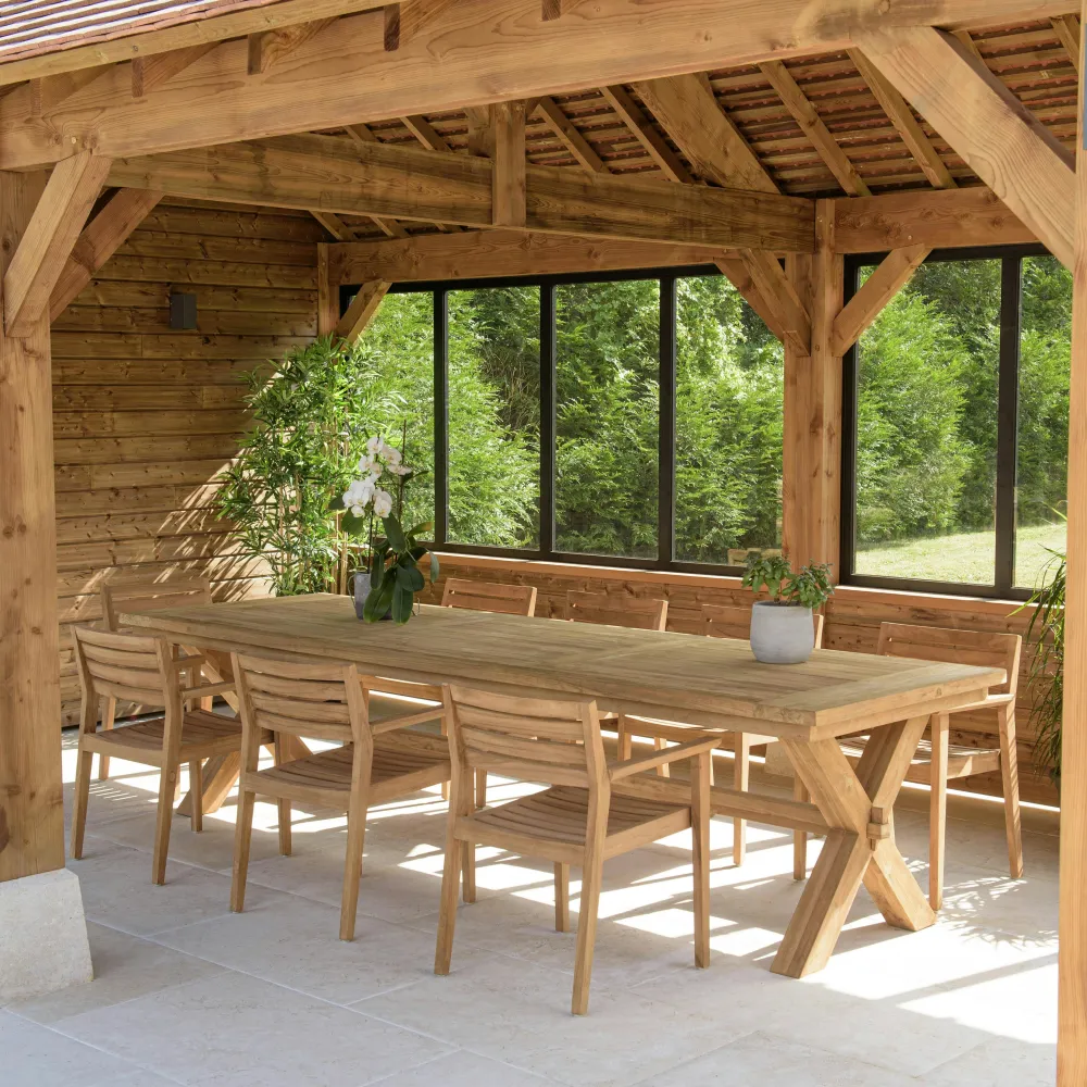 Salons De Jardin·Ensemble Repas|MANY Salon de jardin teck naturel 1 table pieds inclinés 300 cm + 8 fauteuils bois