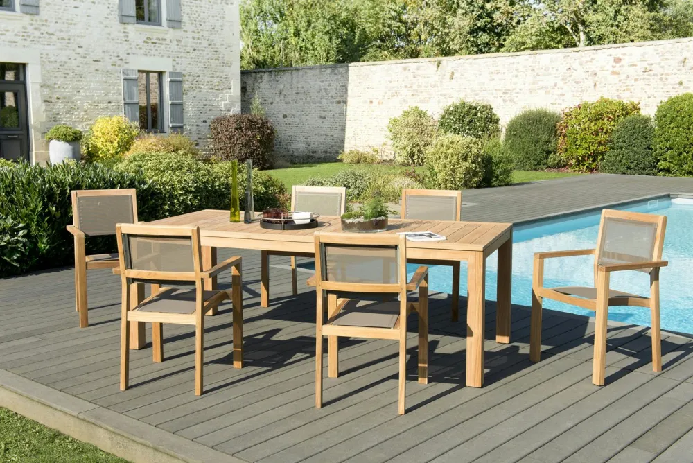 Salons De Jardin·Ensemble Repas|OUTDOOR BERGEN Salon de Jardin Teck Table 220x100 + 6 fauteuils empilables BERGEN ref. 30020839