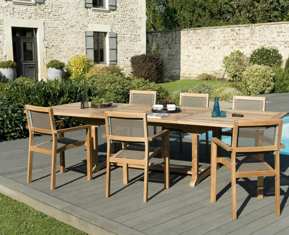 Salons De Jardin·Ensemble Repas|SUMMER Salon de Jardin Teck Table extensible 200/300 + 6 fauteuils empilables ref. 30020854