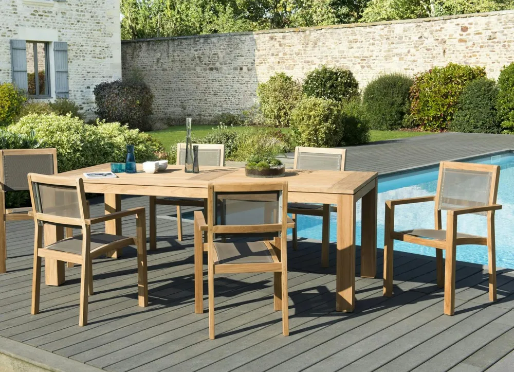 Salons De Jardin·Ensemble Repas|OUTDOOR BERGEN Salon de Jardin Teck Table 220x100 + 6 fauteuils empilables BERGEN ref. 30020837