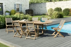 Salons De Jardin·Ensemble Repas|SUMMER Salon de Jardin Teck Table ovale extensible 180/240 + 6 chaises pliantes ref. 30020842