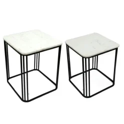Sellettes En Métal|Tables D'Appoint En Métal| Sellette carrée plateau en marbre (lot de 2)