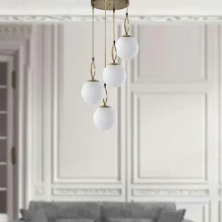 Suspensions / Lustres|SIERRE Suspension art déco dorée, 5 globes verre dépoli