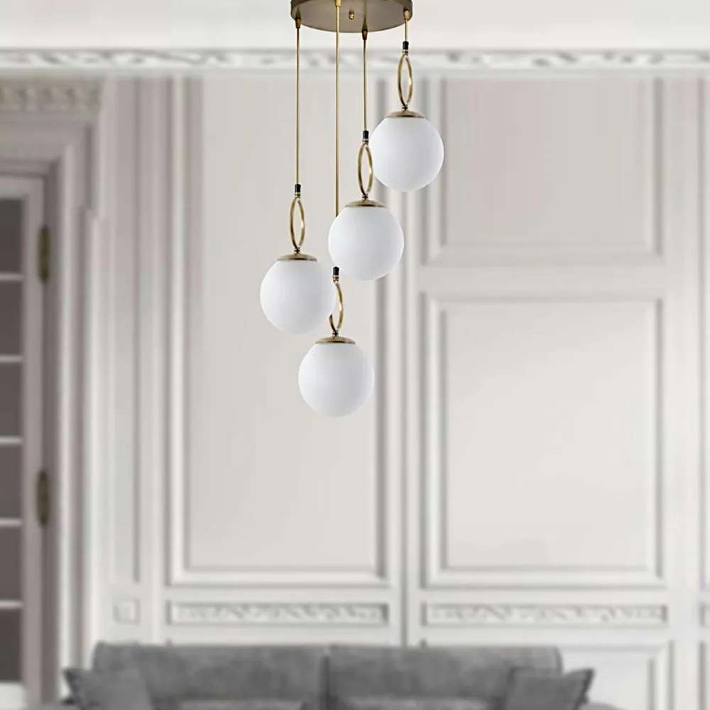 Suspensions / Lustres|SIERRE Suspension art déco dorée, 5 globes verre dépoli