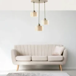 Suspensions / Lustres|SIERRE Suspension art déco dorée, 5 globes verre dépoli