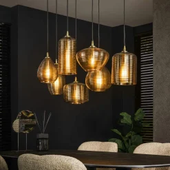 Suspensions / Lustres|NOVA Suspension de table en verre brun 5 lampes striées