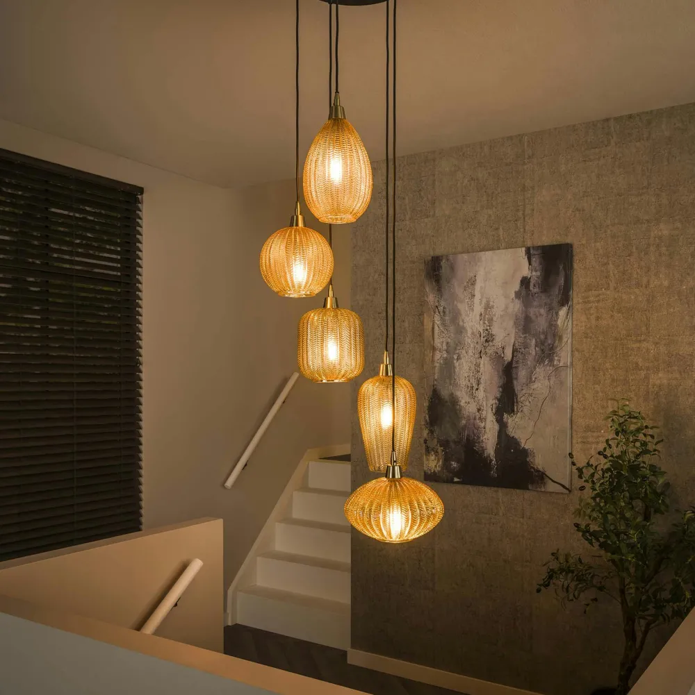 Suspensions / Lustres|NOVA Suspension en verre ambré 5 lampes
