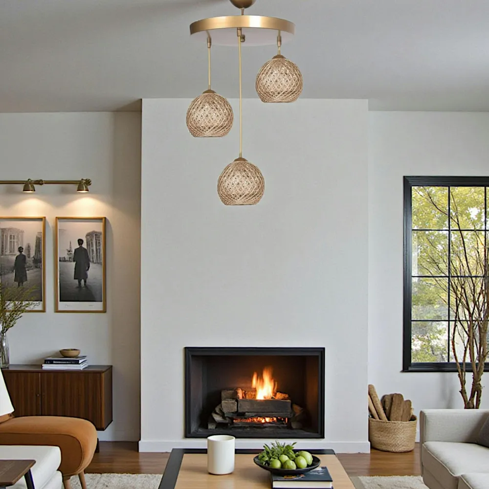 Suspensions / Lustres|AROSA Suspension moderne 3 abat-jour tressés finition bronze