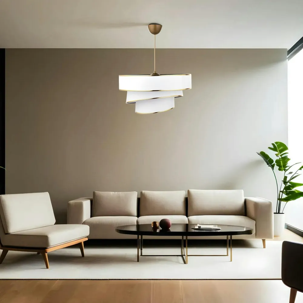 Suspensions / Lustres|ZURICH Suspension moderne en tissu - abat-jour liseré doré