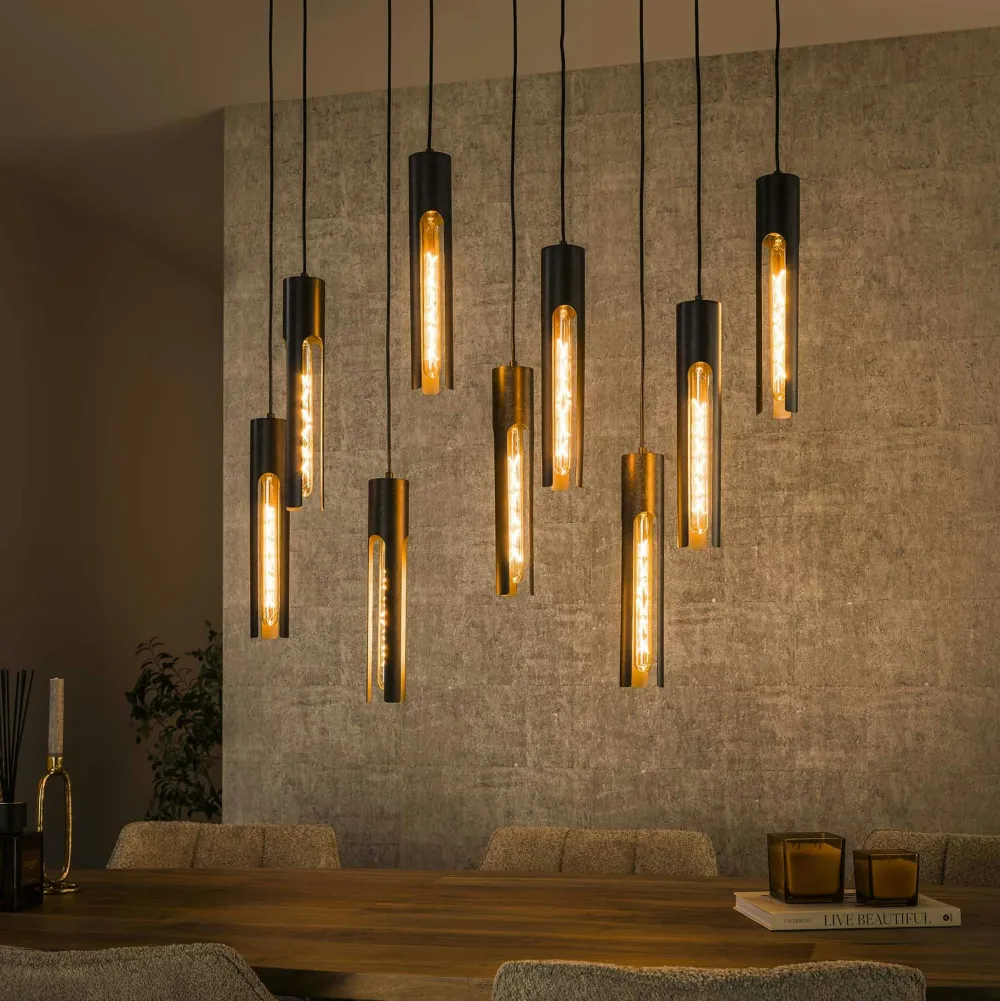 Suspensions / Lustres|Lampes À Poser·Lampe Style Industriel|RALF Suspension noire 9 abat-jour forme tube