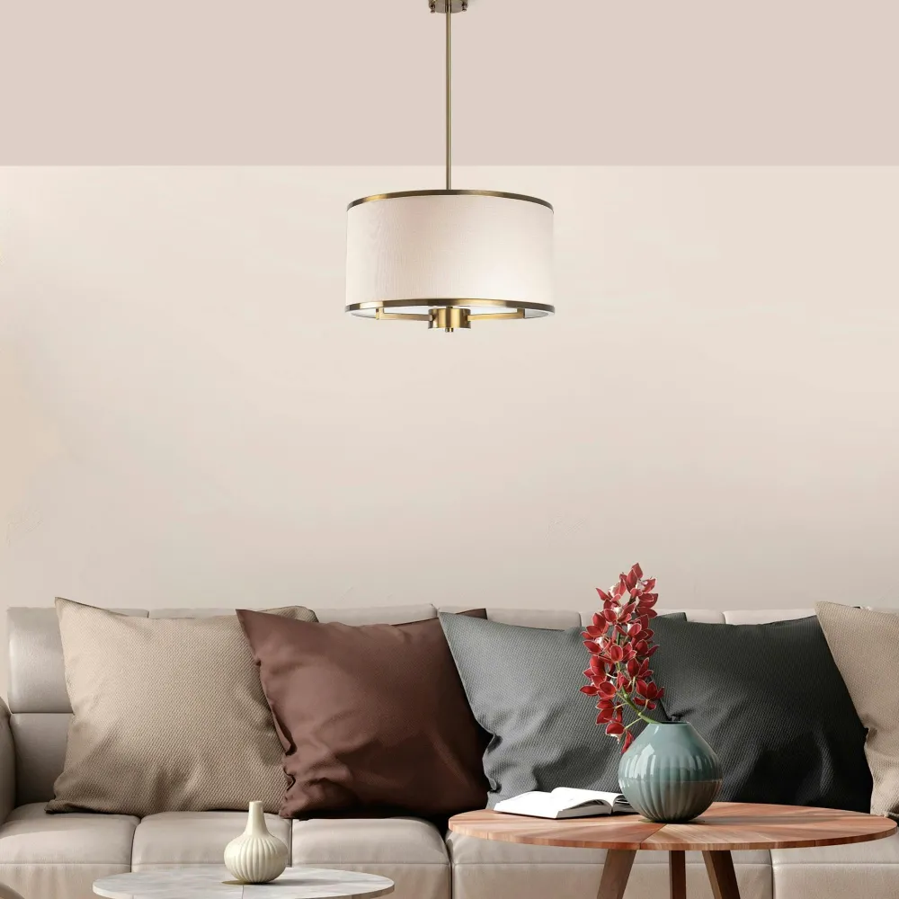 Suspensions / Lustres|ZURICH Suspension salon en tissu – abat-jour écru et or