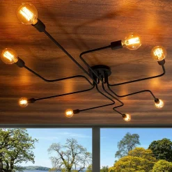 Lampes À Poser·Lampe Style Industriel|Suspensions / Lustres|RALF Suspension tube en métal noir perforé 7 lampes