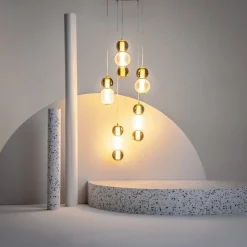 Suspensions / Lustres|ADA Suspension verre taillé, 5 abat-jour suspendus dorés