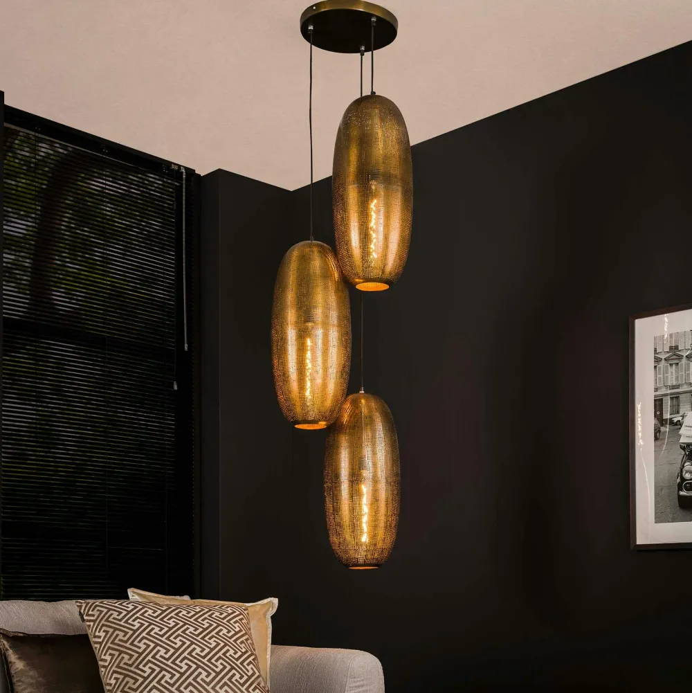 Suspensions / Lustres|RALF Suspension vintage 3 lampes cuivrées forme ellipse