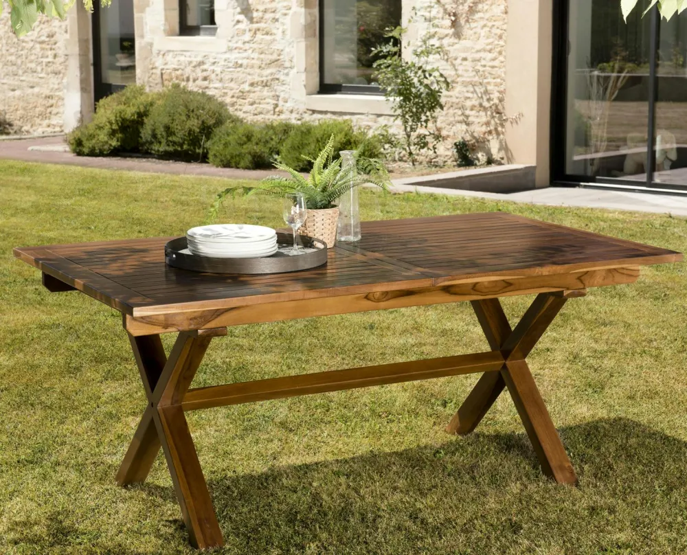 Tables De Jardin|MACAO Table à manger de jardin extensible en teck 180/240 cm pieds croisés