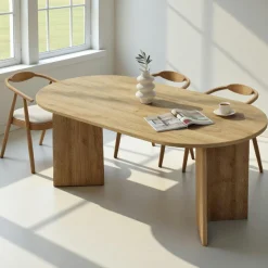 Tables À Manger En Bois|MARFA Table à manger ovale effet chêne pieds en V 180 cm