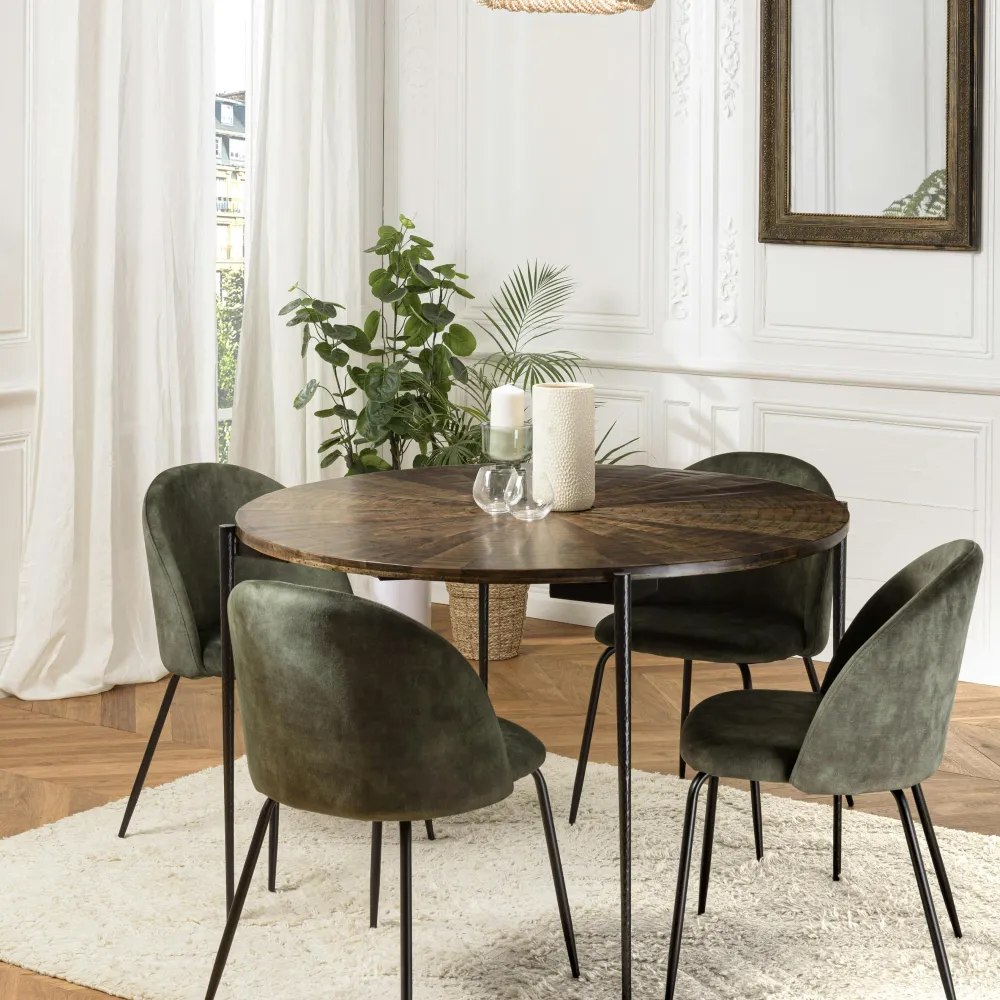 Tables À Manger Rondes|Tables À Manger En Bois|KORKAI Table à manger ronde bois recyclé motif éventail 120 cm