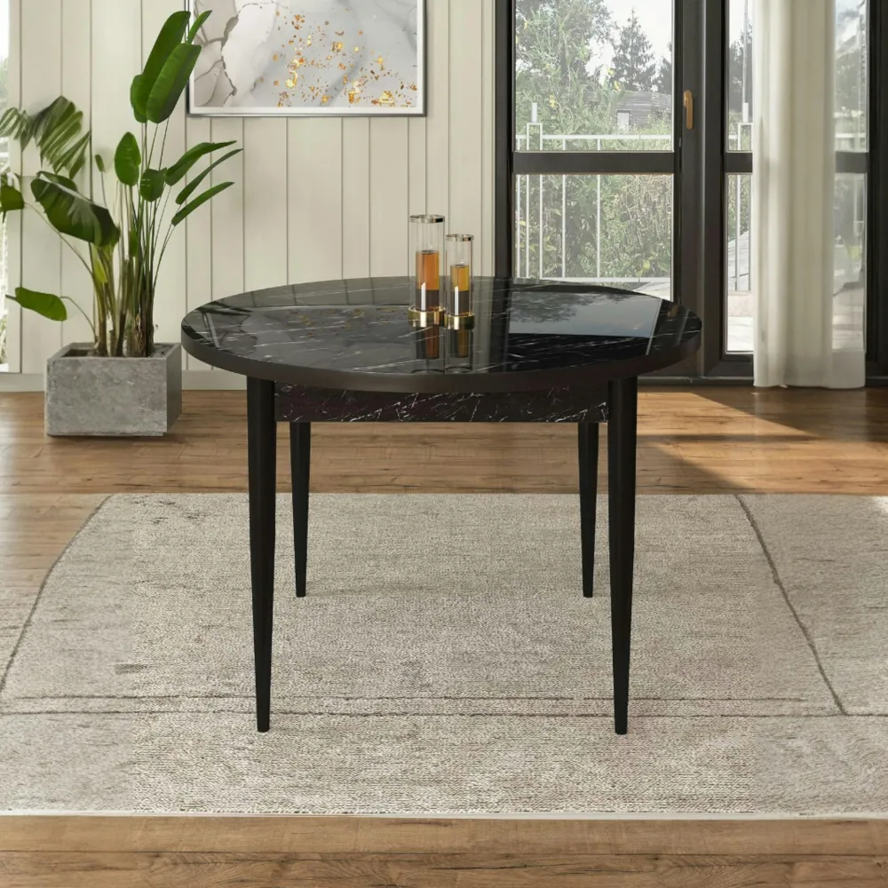 Tables À Manger Rondes|Tables À Manger En Bois|LUNOR Table à manger ronde noire décor marbré Ø90 cm