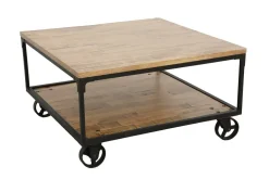 Tables Basses Vintage|Tables Basses Carrées|Loft / Loft Colors Table basse à roulettes double plateaux en Hévéa recyclé naturel et métal 90x90x47cm LOFT