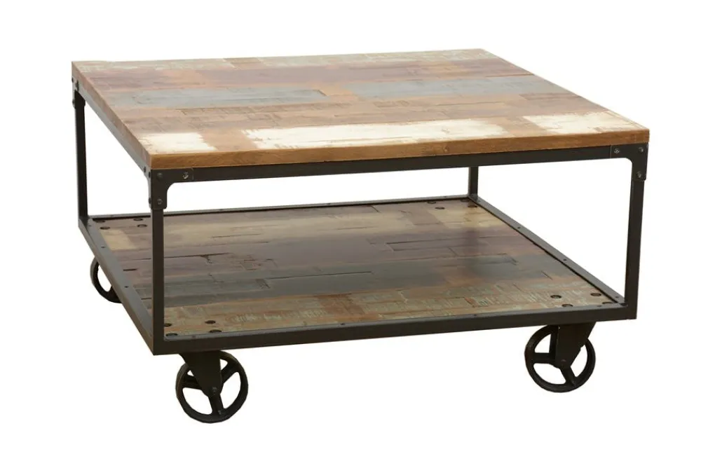 Tables Basses Carrées|Tables Basses À Roulettes|Loft / Loft Colors Table basse à roulettes double plateaux en Hévéa recyclé coloré et métal 90x90x47cm LOFT COLORS