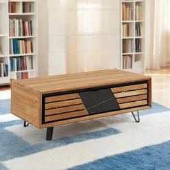 Tables Basses Design|Tables Basses À Tiroirs|ESSEN Table basse 1 tiroir chêne blanc décor graphique