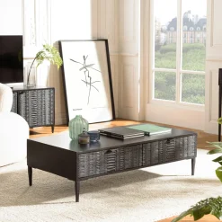 Tables Basses À Tiroirs|SURATE Table basse 2 tiroirs façades sculptées bois noir