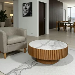 Tables Basses Rondes|LOMBARDIE Table basse blanche - plateau céramique, bords crantés