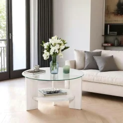 Tables Basses En Verre|Tables Basses Rondes|ANZIO Table basse blanche ronde - verre et bois, 2 plateaux