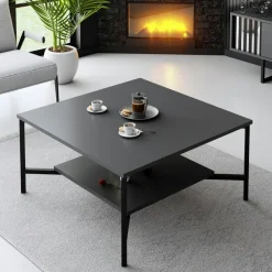 Tables Basses Carrées|JENA Table basse carrée anthracite, 2 plateaux pieds noirs