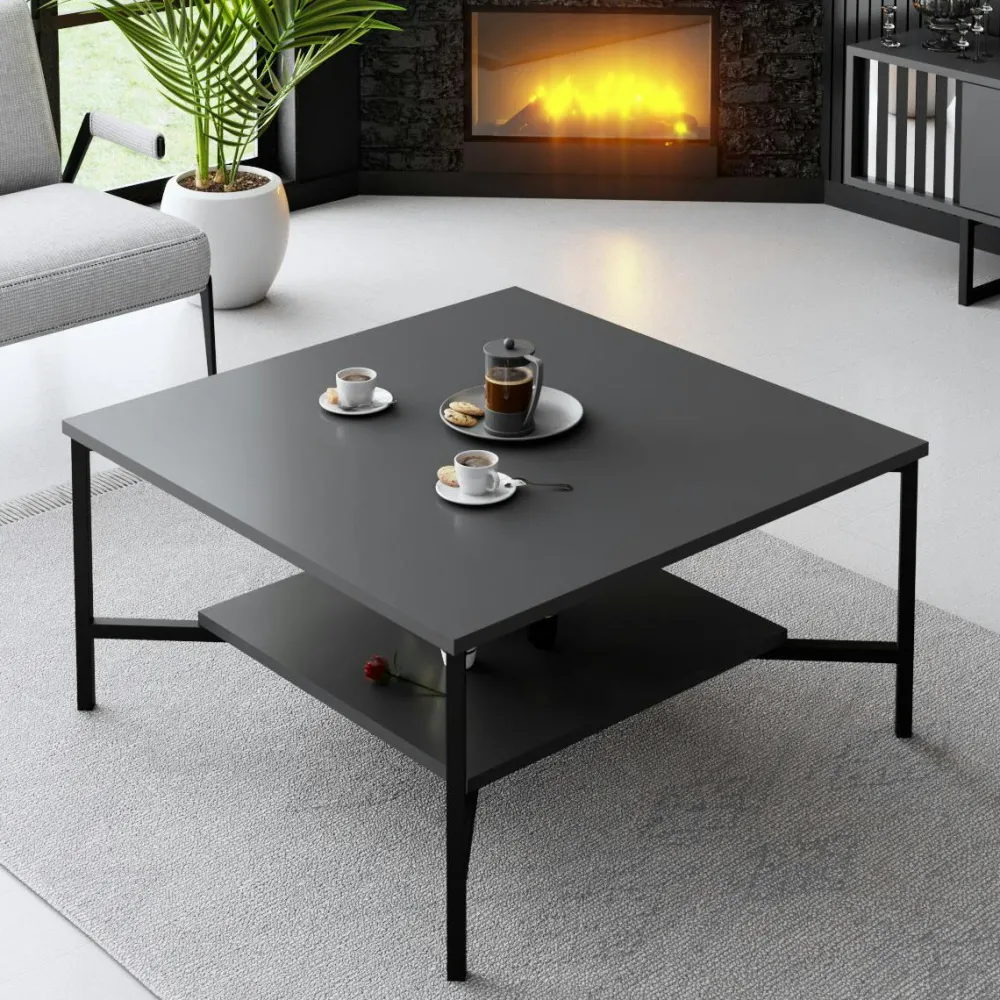 Tables Basses Carrées|JENA Table basse carrée anthracite, 2 plateaux pieds noirs